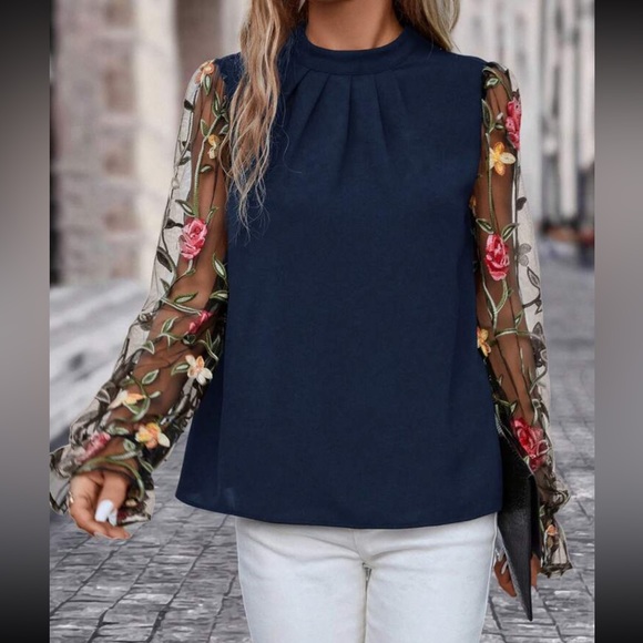 Luxe black floral embroidered mesh sleeve blouse - Picture 10 of 10